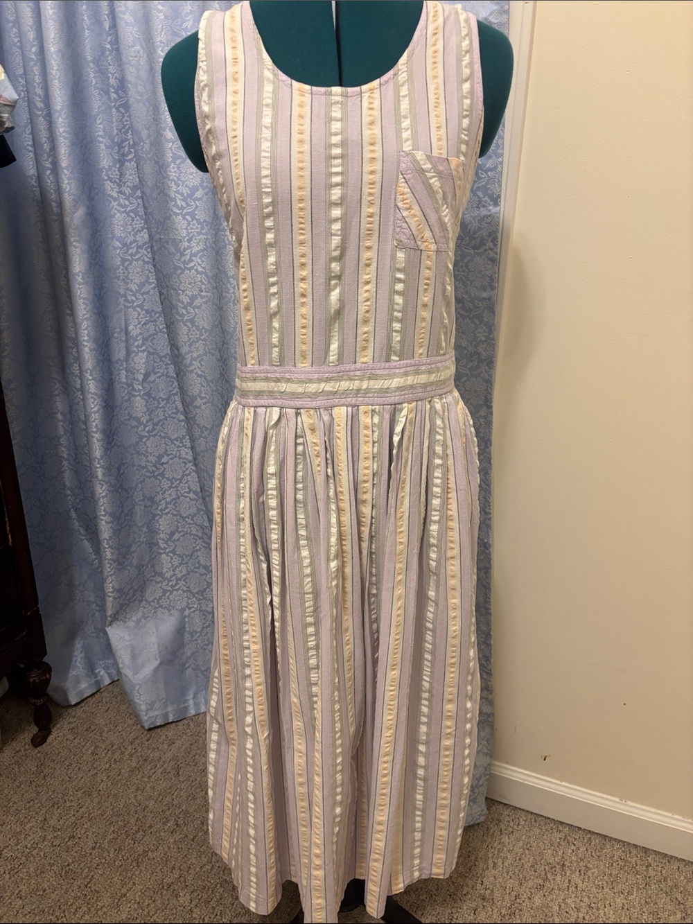Vintage Wrap Striped Midi Dress in Lavender, Cream & Pale Yellow